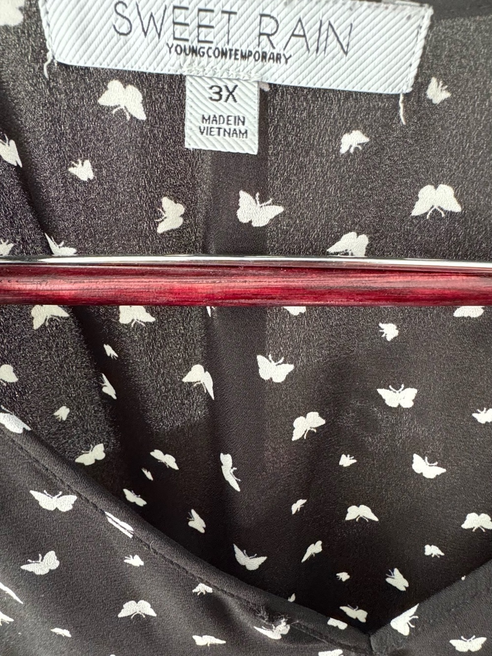 Sweet Rain Black V-Neck Ruffle Peplum Top with White Butterfly Print - Picture 2 of 2